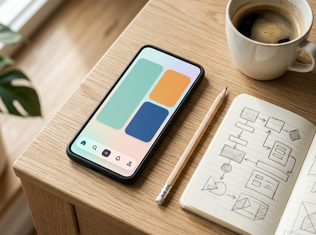 Google AI Studio ile Android uygulama geliştirme: Ahşap masada duran Android telefon, yanında eskiz defteri ve kahve; ekranda soyut uygulama tasarımı görülüyor.