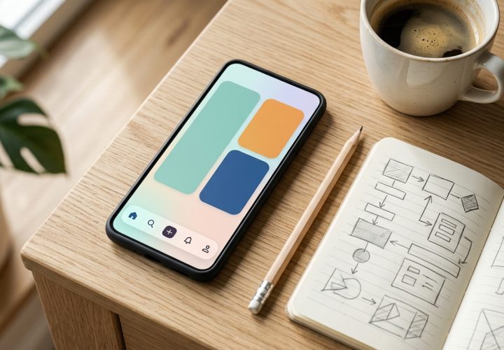 Google AI Studio ile Android uygulama geliştirme: Ahşap masada duran Android telefon, yanında eskiz defteri ve kahve; ekranda soyut uygulama tasarımı görülüyor.